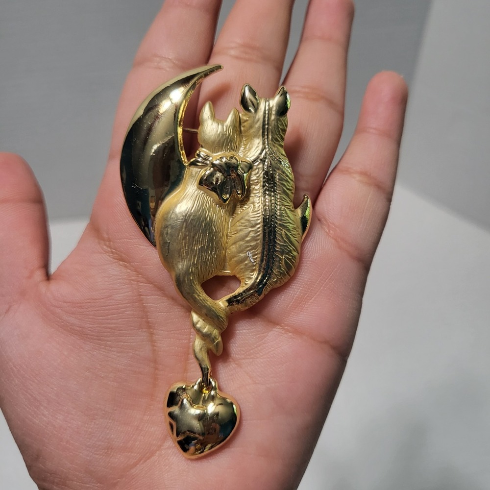 Cat Brooch CATTAILS Pin Vintage AJC Couple Sitting By Moon Gold Tone Fashion